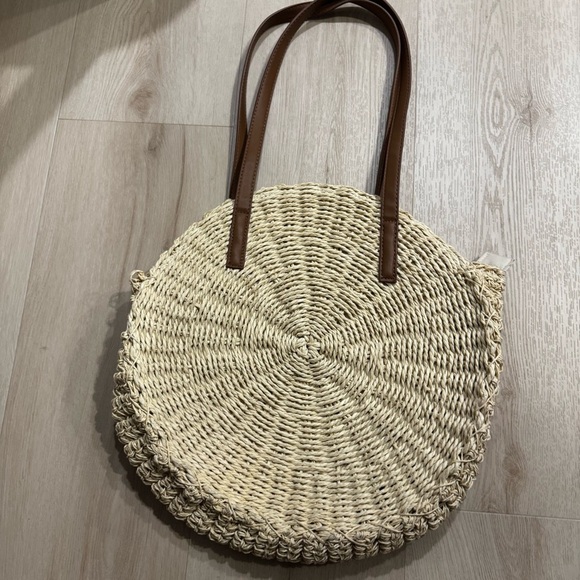 Cream and Brown Woven Tote with Structured Design - Picture 6 of 6